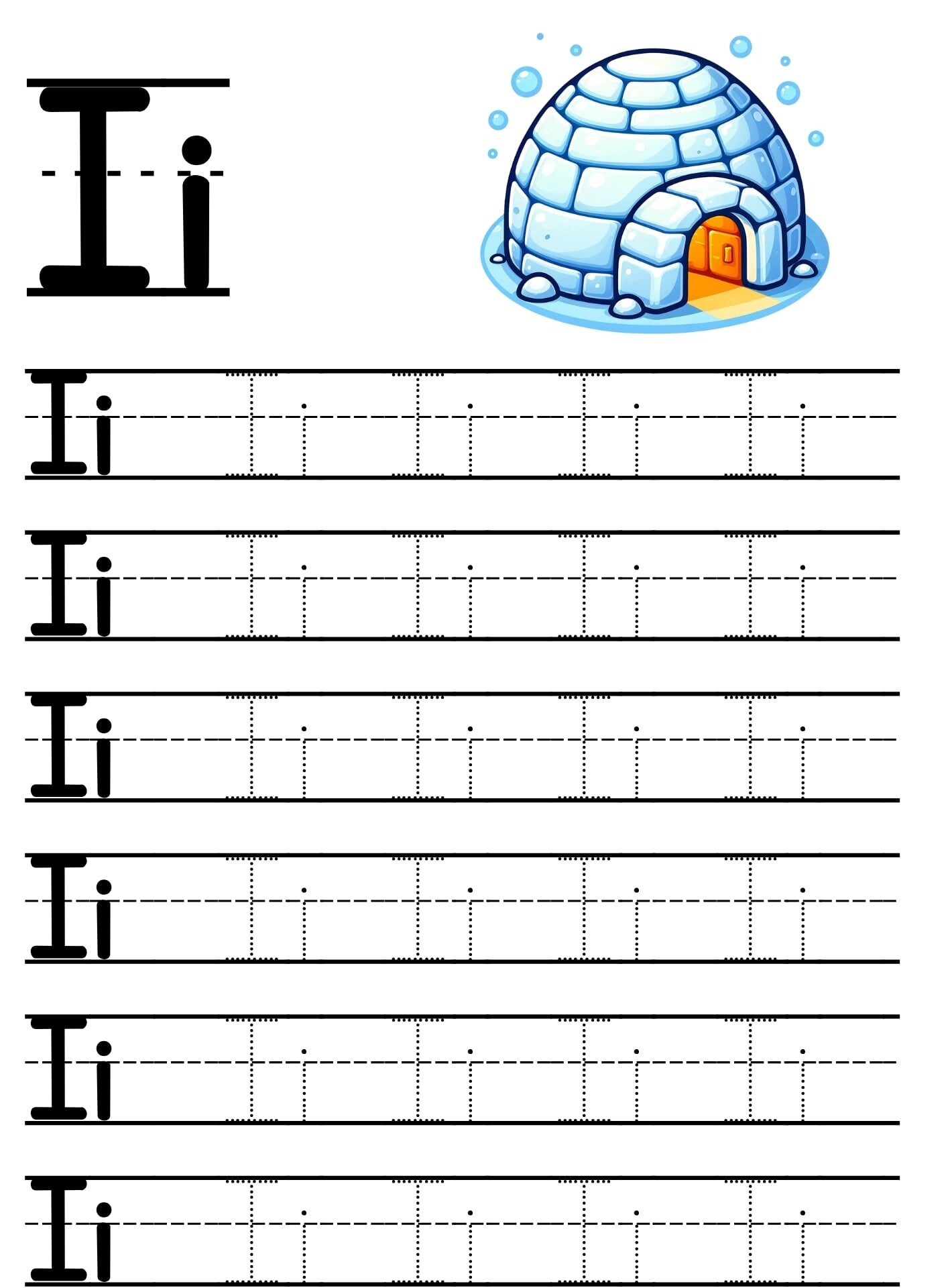 Alfabeto em Pontilhado para Imprimir da Letra I com Ilustração de Iglu