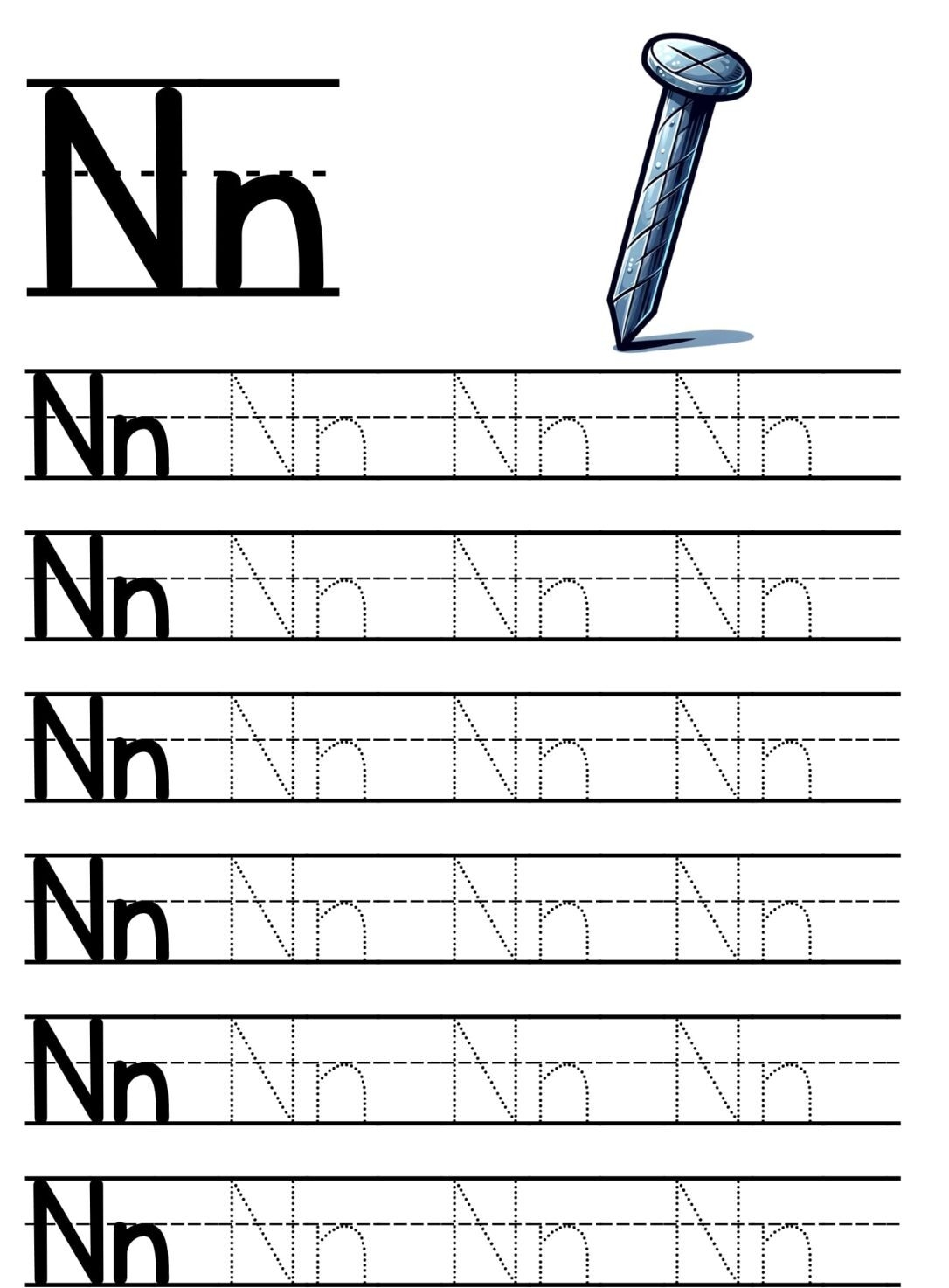 Alfabeto em Pontilhado para Imprimir: Letra N para Caligrafia