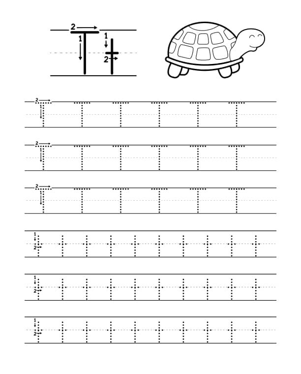 Atividade de Alfabeto em Pontilhado da Letra T com Tartaruga