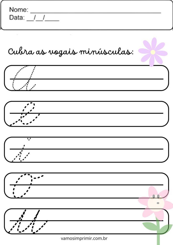 Atividade de Caligrafia com Vogais em Escrita Cursiva para Crianças