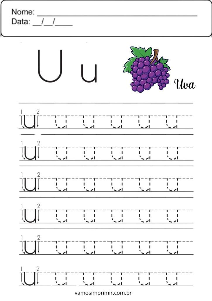 Atividade de Caligrafia da Letra U para Imprimir com Uvas