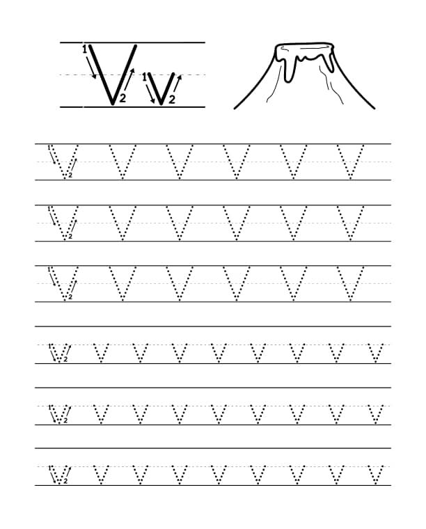 Atividade de Escrita em Pontilhado com a Letra V para Crianças