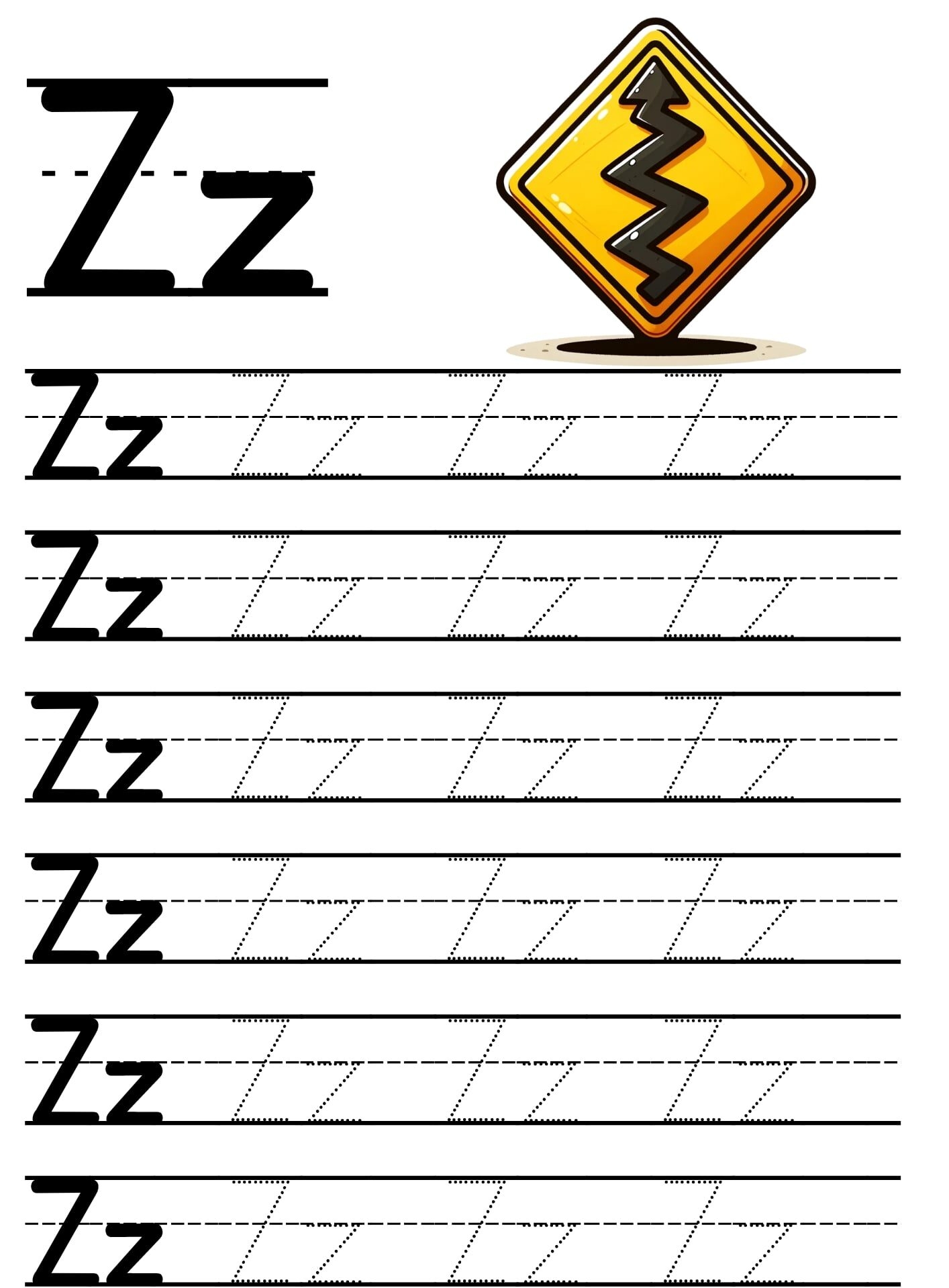 Atividade de Escrita em Pontilhado da Letra Z para Crianças