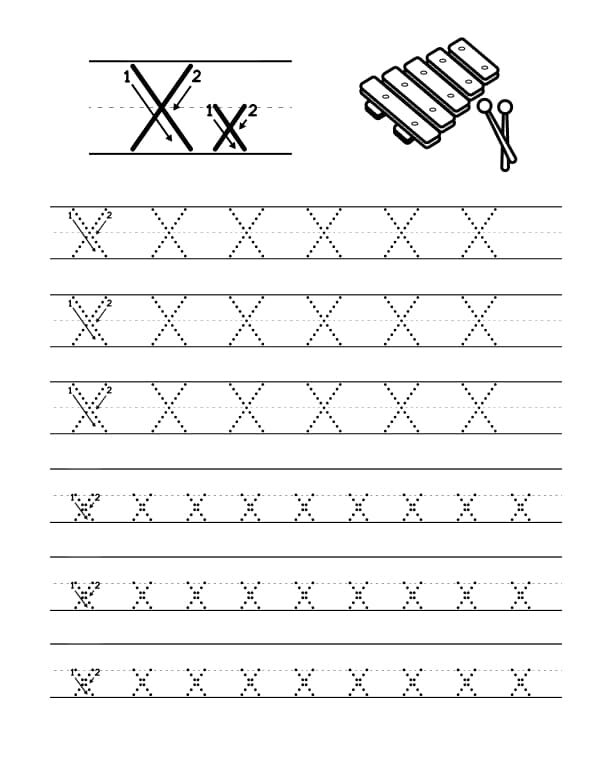 Atividade de Traçado da Letra X: Alfabeto em Pontilhado para Imprimir