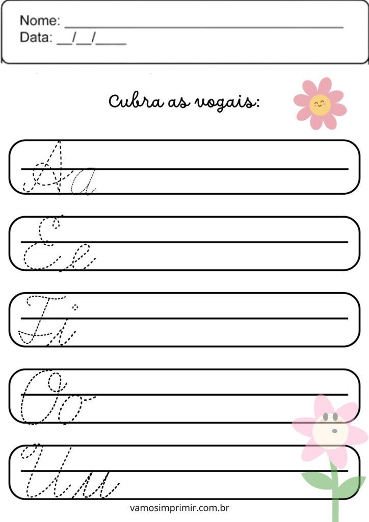 Atividade de Vogais em Letra Cursiva para Crianças Imprimir