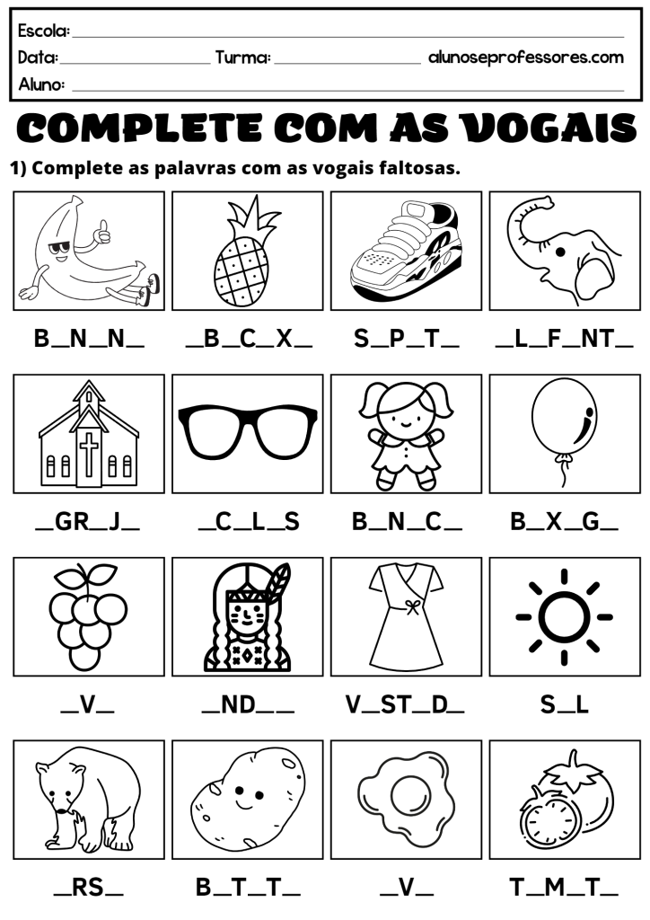 Atividade Educacional: Complete com as Vogais para Crianças