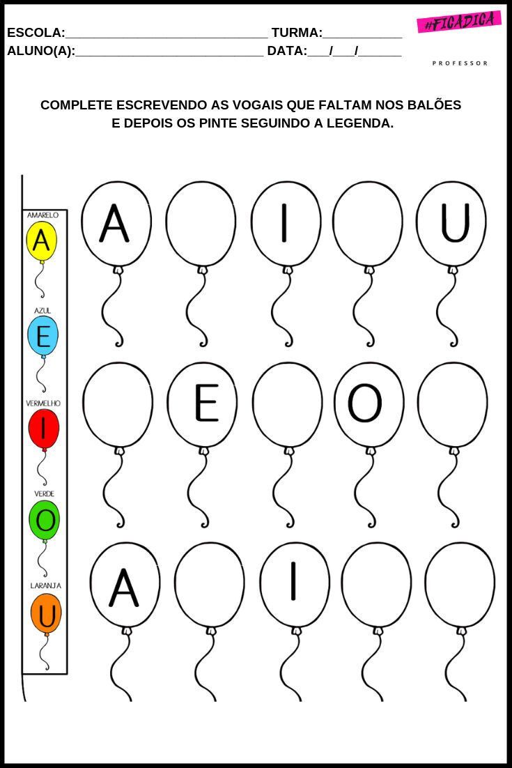 Atividade Educacional de Vogais com Balões para Imprimir