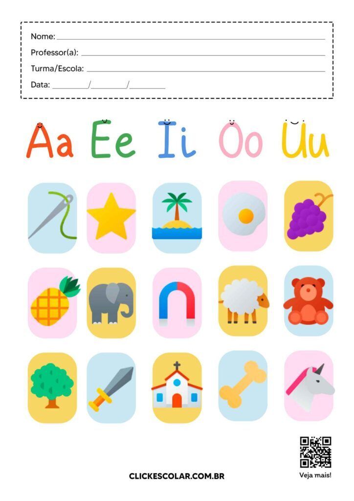 Atividade Educacional de Vogais para Imprimir com Ilustrações