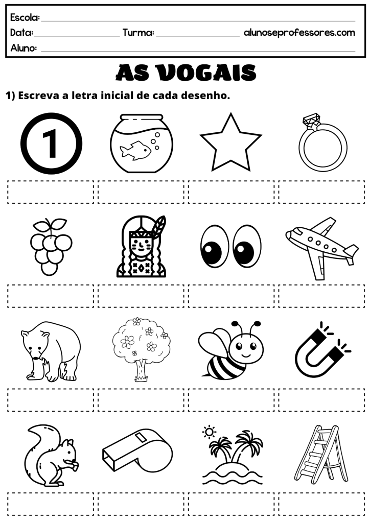 Atividade Educativa com Vogais para Crianças - Desenhos para Escrever