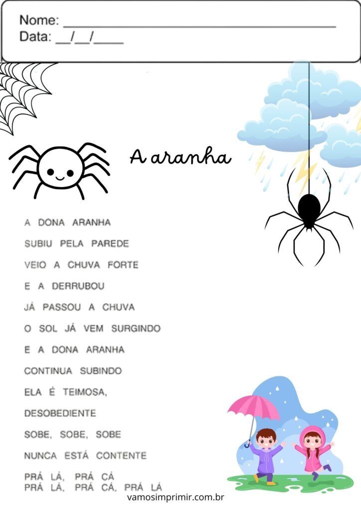 Atividade educativa de vogais para crianças: aranha e chuva