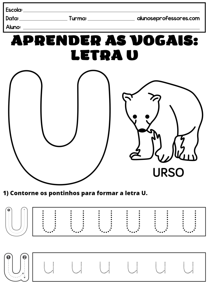 Atividade Educativa para Aprender a Vogal U com Urso para Colorir