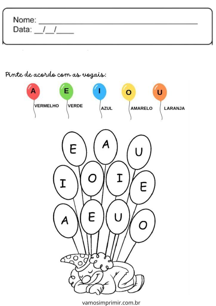Atividade educativa para crianças: colorindo balões com vogais