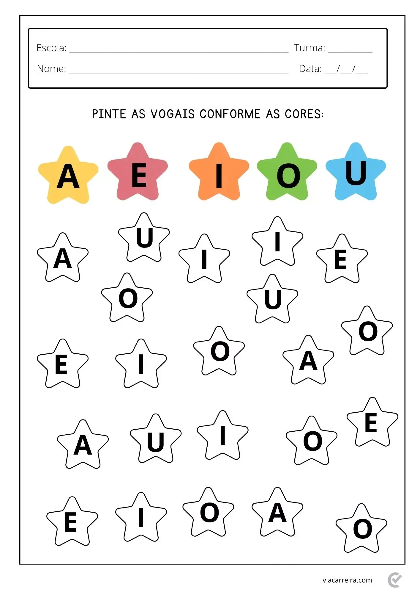 Atividade Educativa: Pintura das Vogais para Crianças Em Estrelas Coloridas