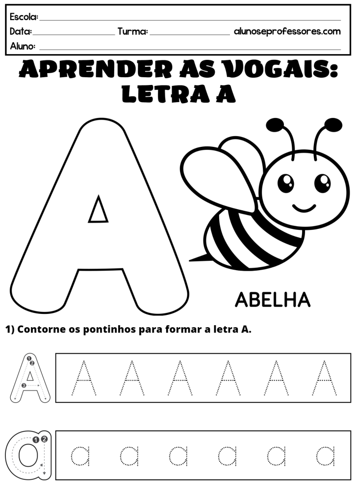 Atividade Educativa sobre a Vogal A para Crianças Colorirem e Escreverem