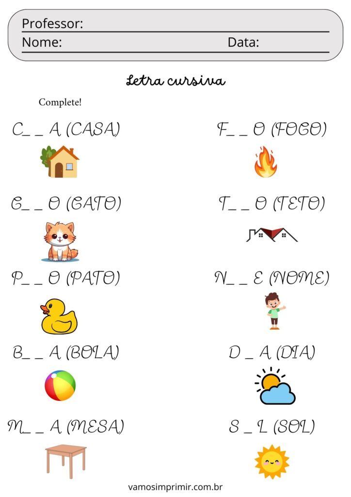 Atividades de Caligrafia para imprimir com letras cursivas