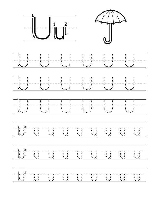 Atividades de Escrita em Pontilhado da Letra U para Crianças