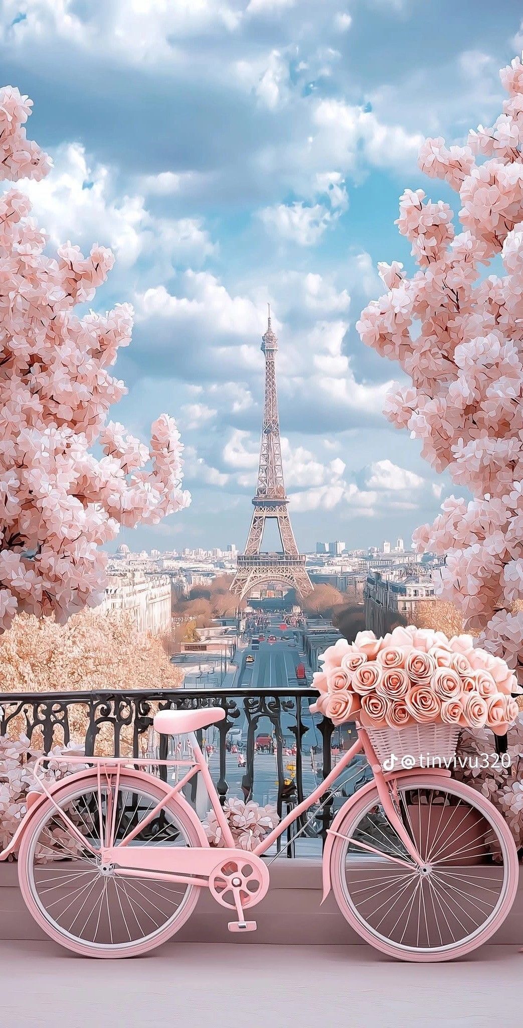Bicicleta Rosa com Flores e Torre Eiffel