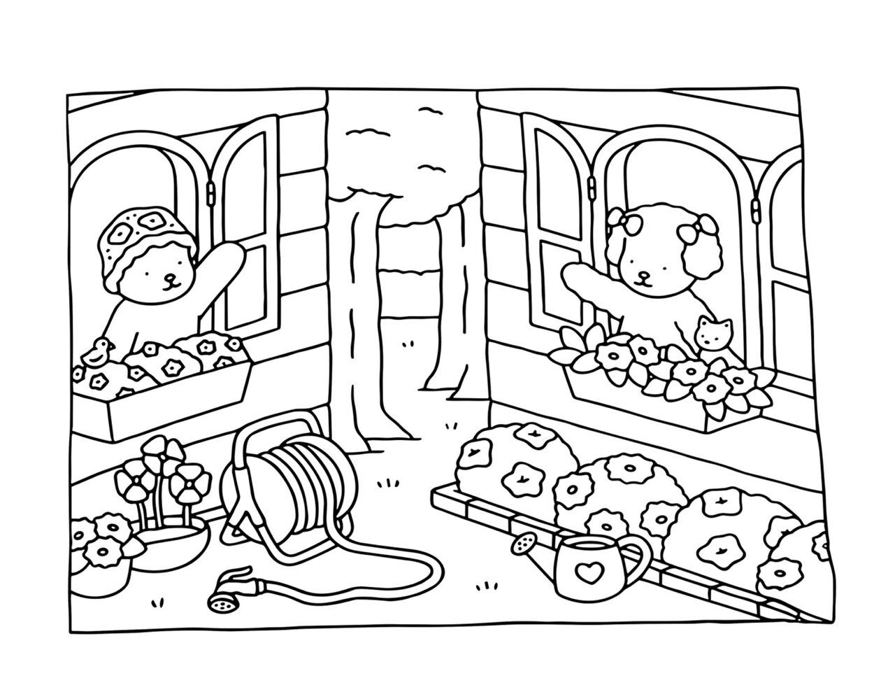 Bobbie Goods colorindo na janela com flores e jardinagem