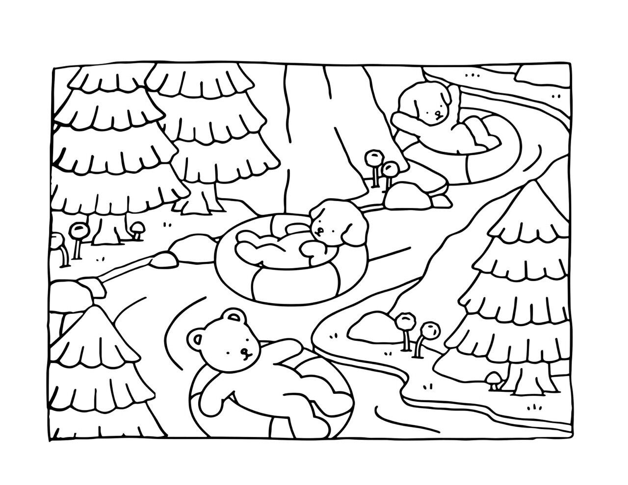 Bobbie Goods flutuando em boias no rio para imprimir