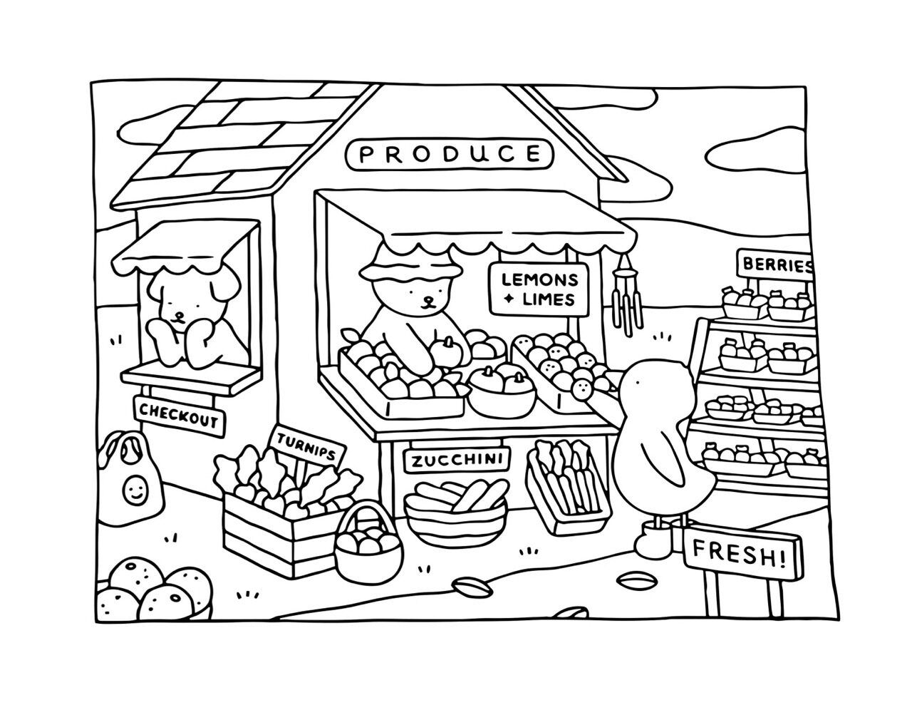 Bobbie Goods para imprimir na feira ao ar livre colorindo frutas