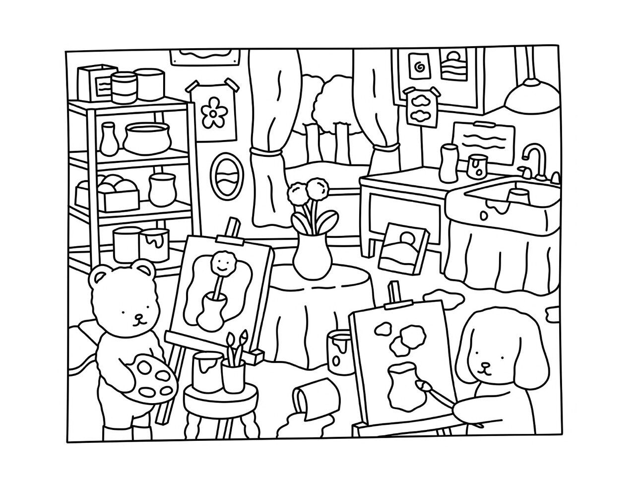 Bobbie Goods para imprimir pintando em estúdio de arte