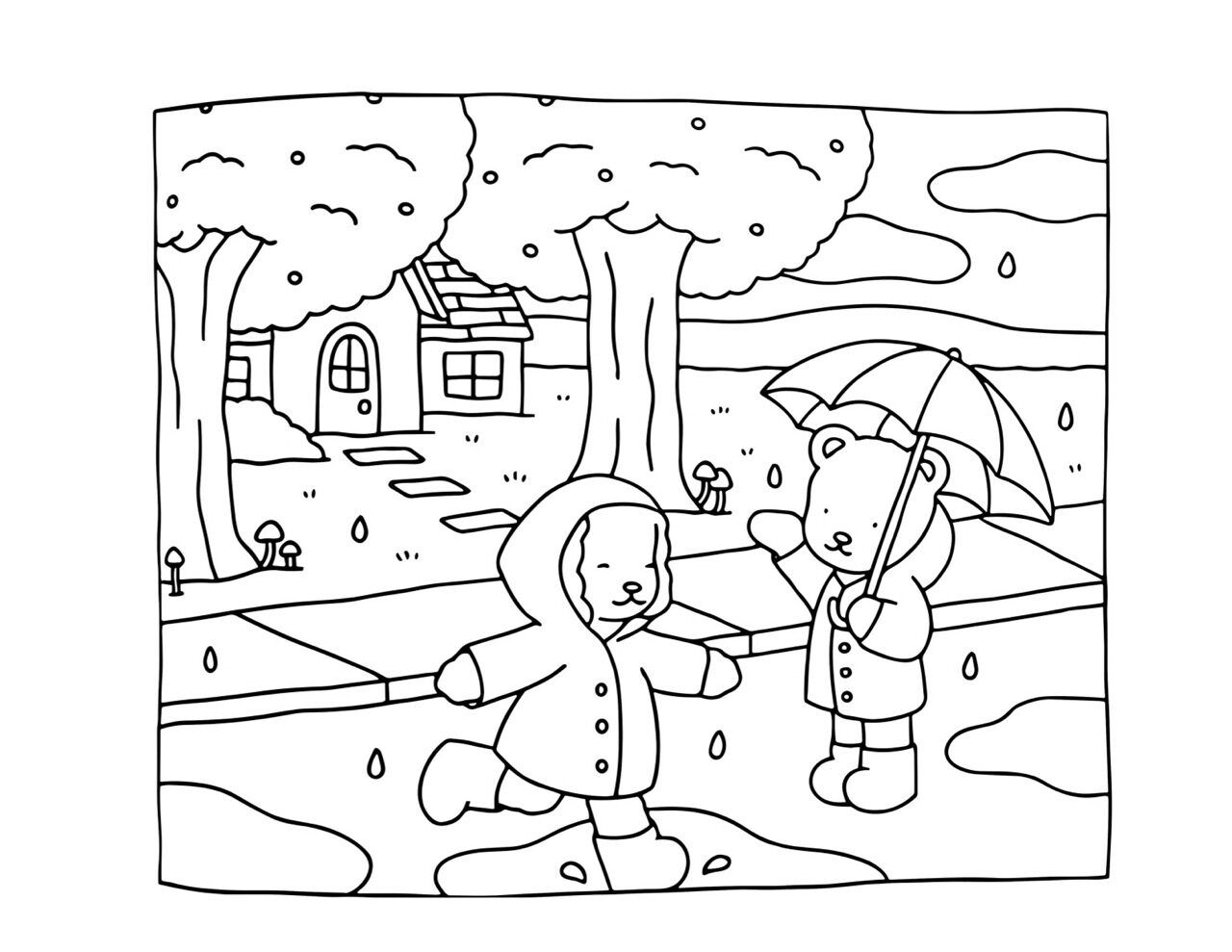 Bobbie Goods para imprimir se divertindo na chuva