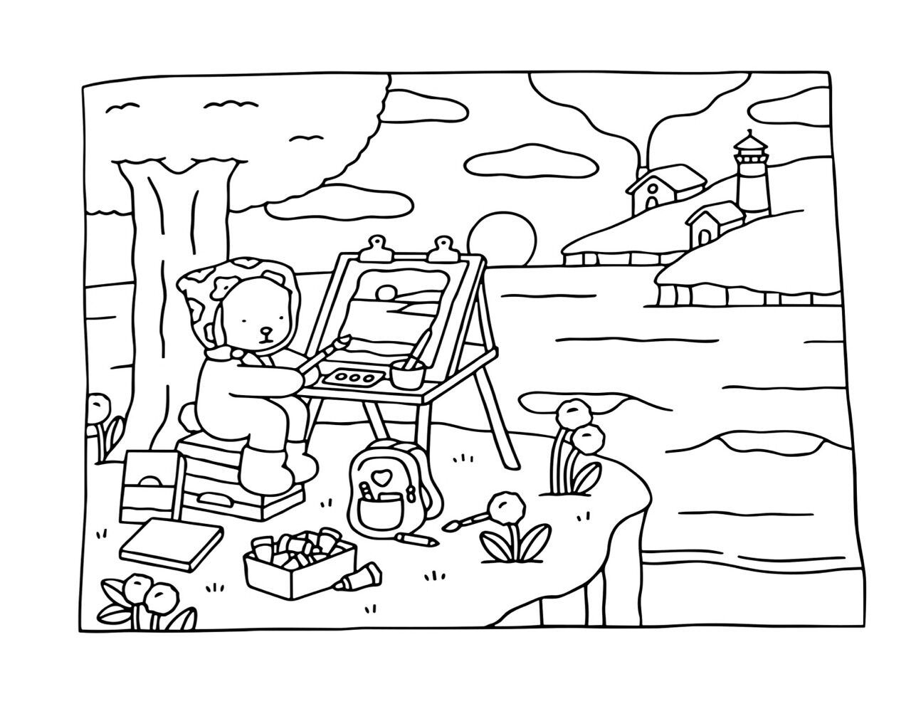 Bobbie Goods pintando à beira do lago em um pôr do sol