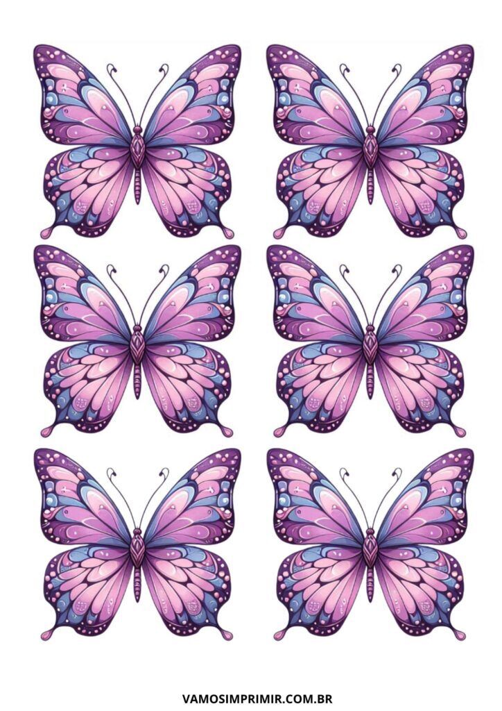 Borboletas Estilizadas em Tons de Rosa e Roxo para Imprimir