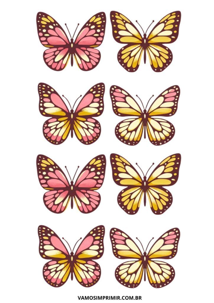 Borboletas para imprimir com asas em tons de rosa e amarelo