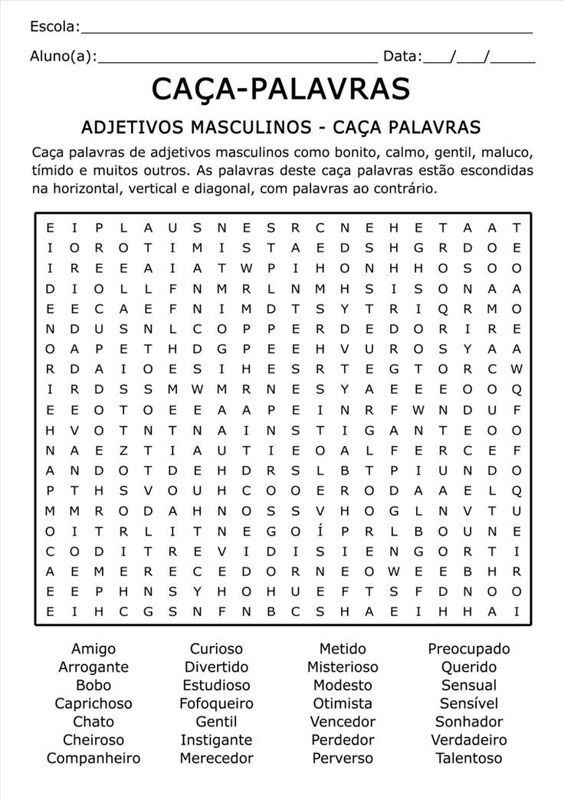 Caça Palavras Adjetivos Masculinos para Imprimir e Brincar