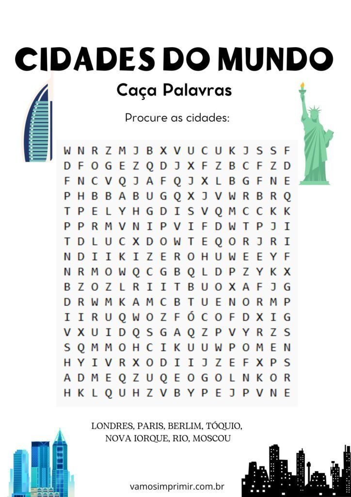 Caça Palavras Cidades do Mundo para Imprimir e Brincar