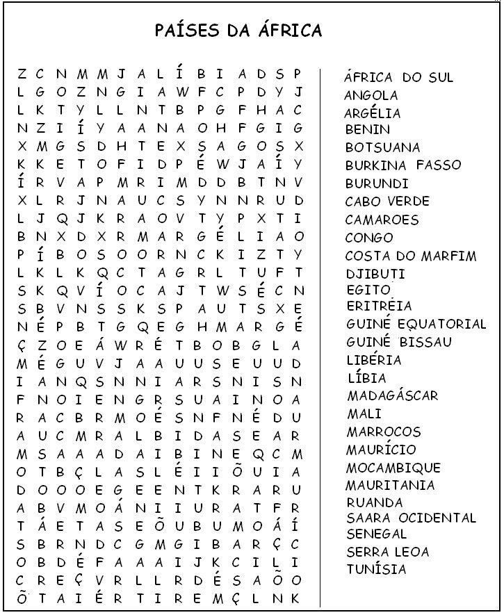 Caça Palavras com Países da África para Imprimir