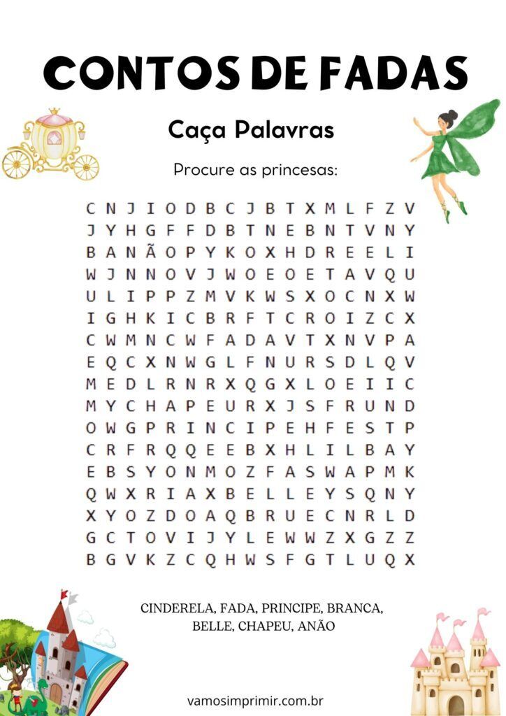 Caça Palavras Contos de Fadas para Imprimir e Divertir