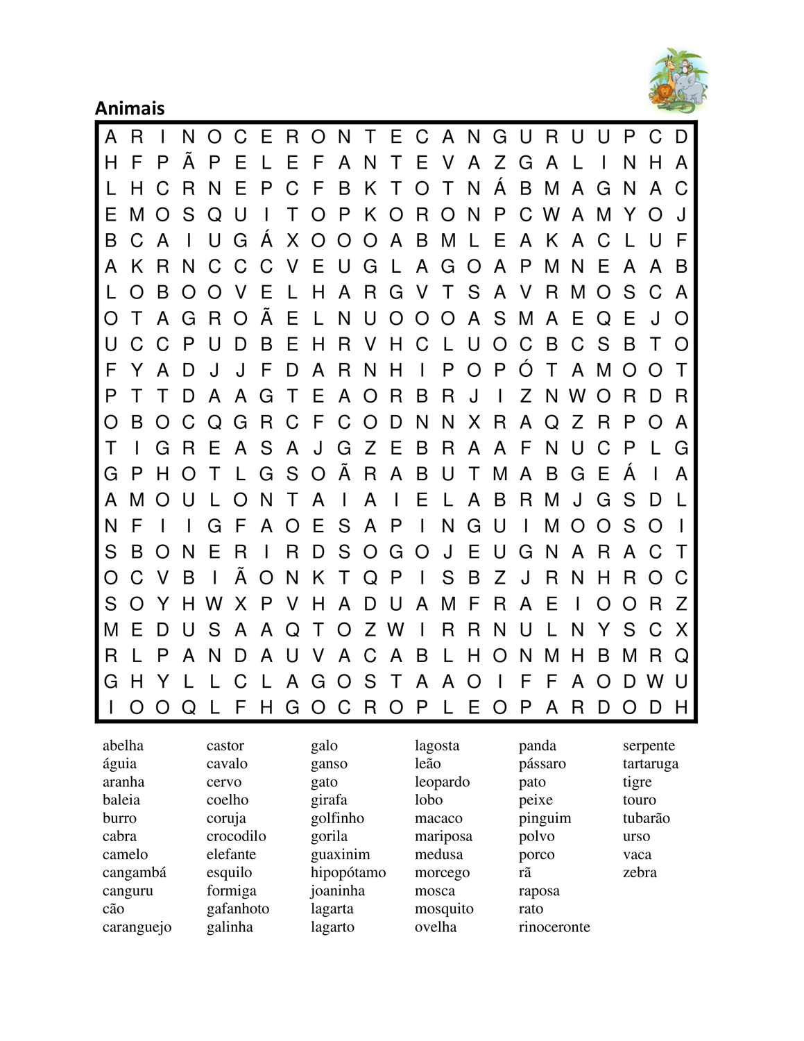 Caça Palavras de Animais para Imprimir e Brincar