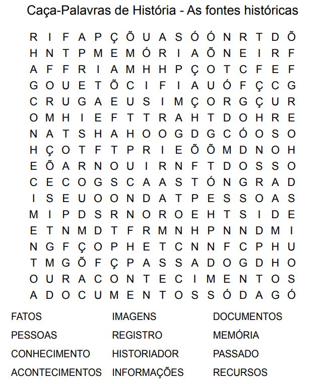 Caça Palavras de História - Fontes Históricas para Imprimir