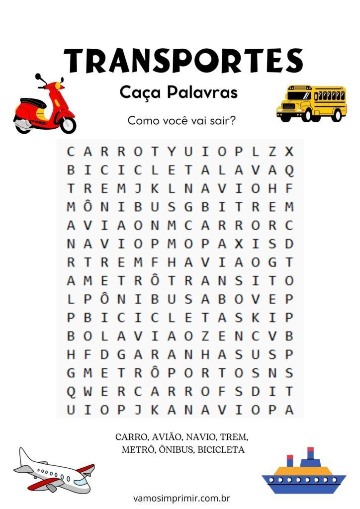 Caça Palavras de Transportes para Imprimir e Divertir
