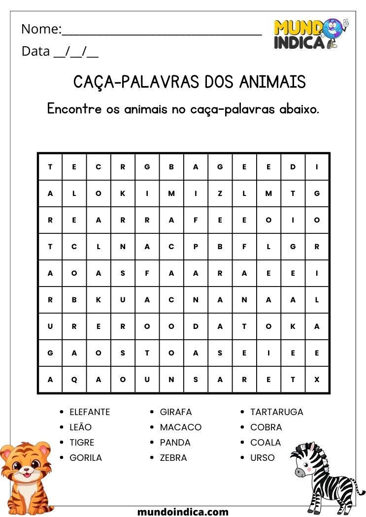 Caça-Palavras dos Animais para Imprimir e Se Divertir