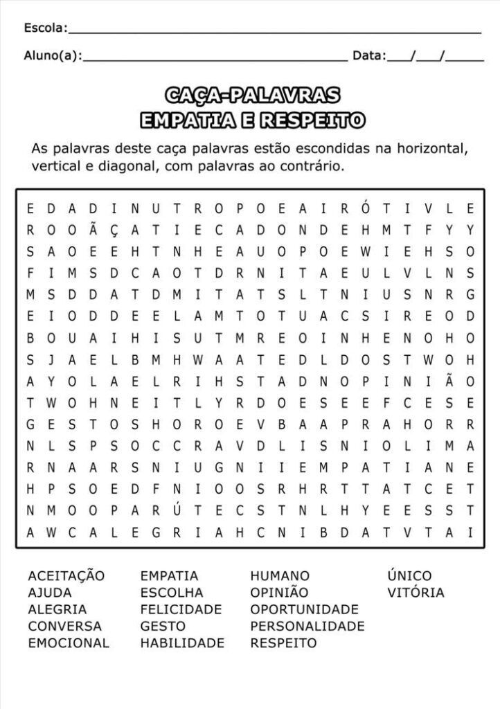 Caça Palavras Empatia e Respeito para Imprimir