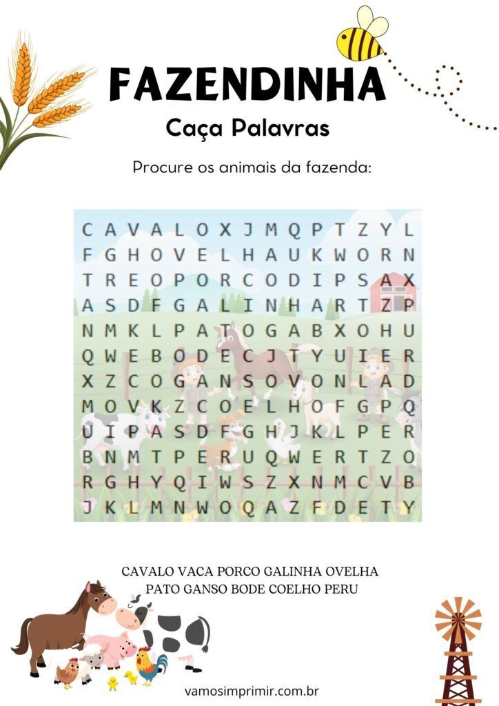 Caça Palavras Fazendinha para Imprimir e Aprender