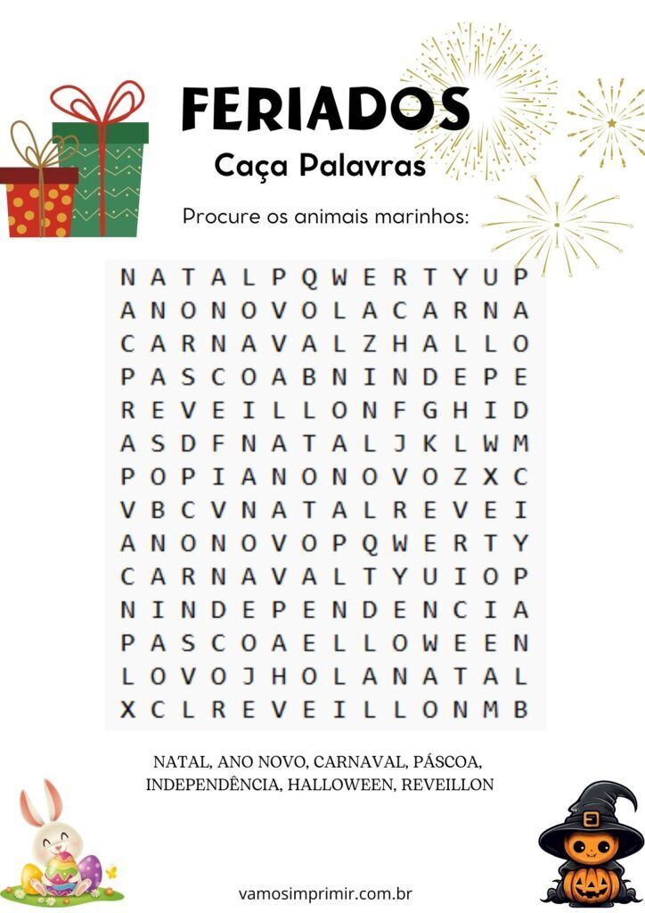 Caça Palavras Feriados e Animais Marinhos para Imprimir