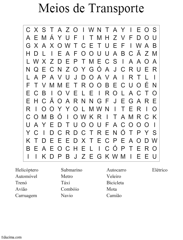 Caça Palavras Meios de Transporte para Imprimir