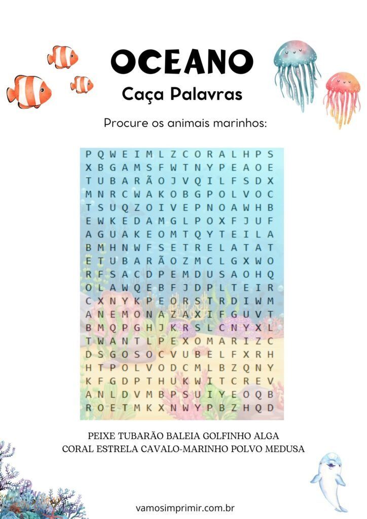 Caça Palavras Oceano para Imprimir e Aprender