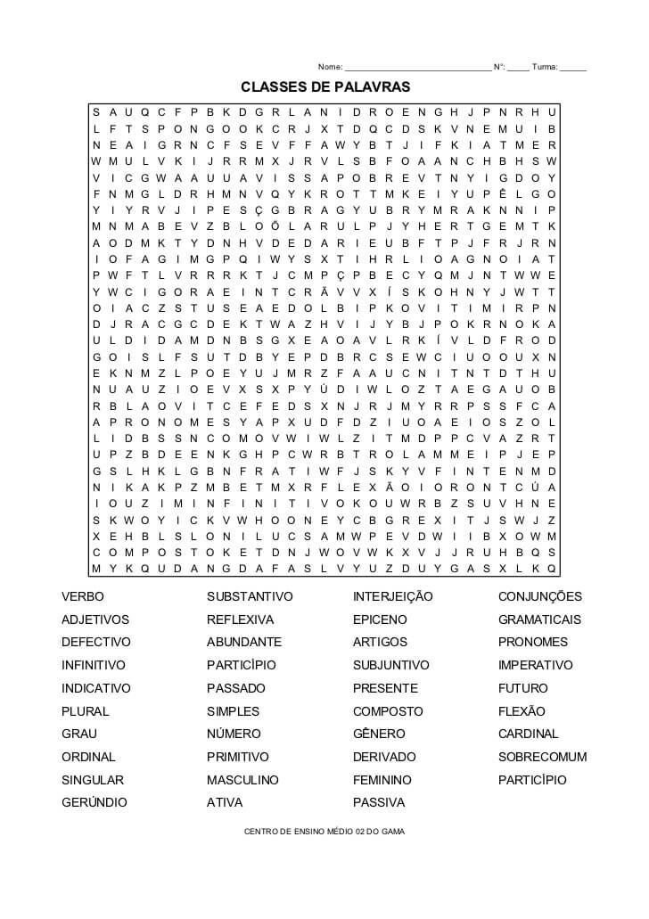 Caça Palavras para Imprimir: Classes de Palavras Divertidas