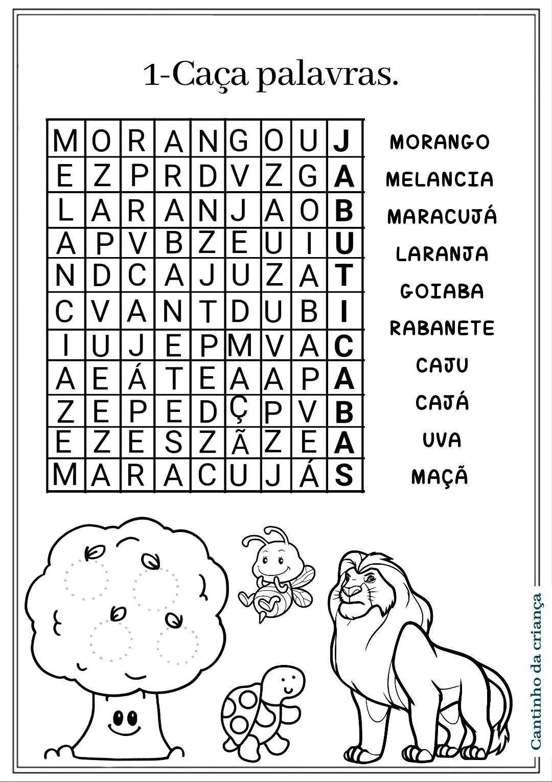 Caça Palavras para Imprimir com Frutas e Animais