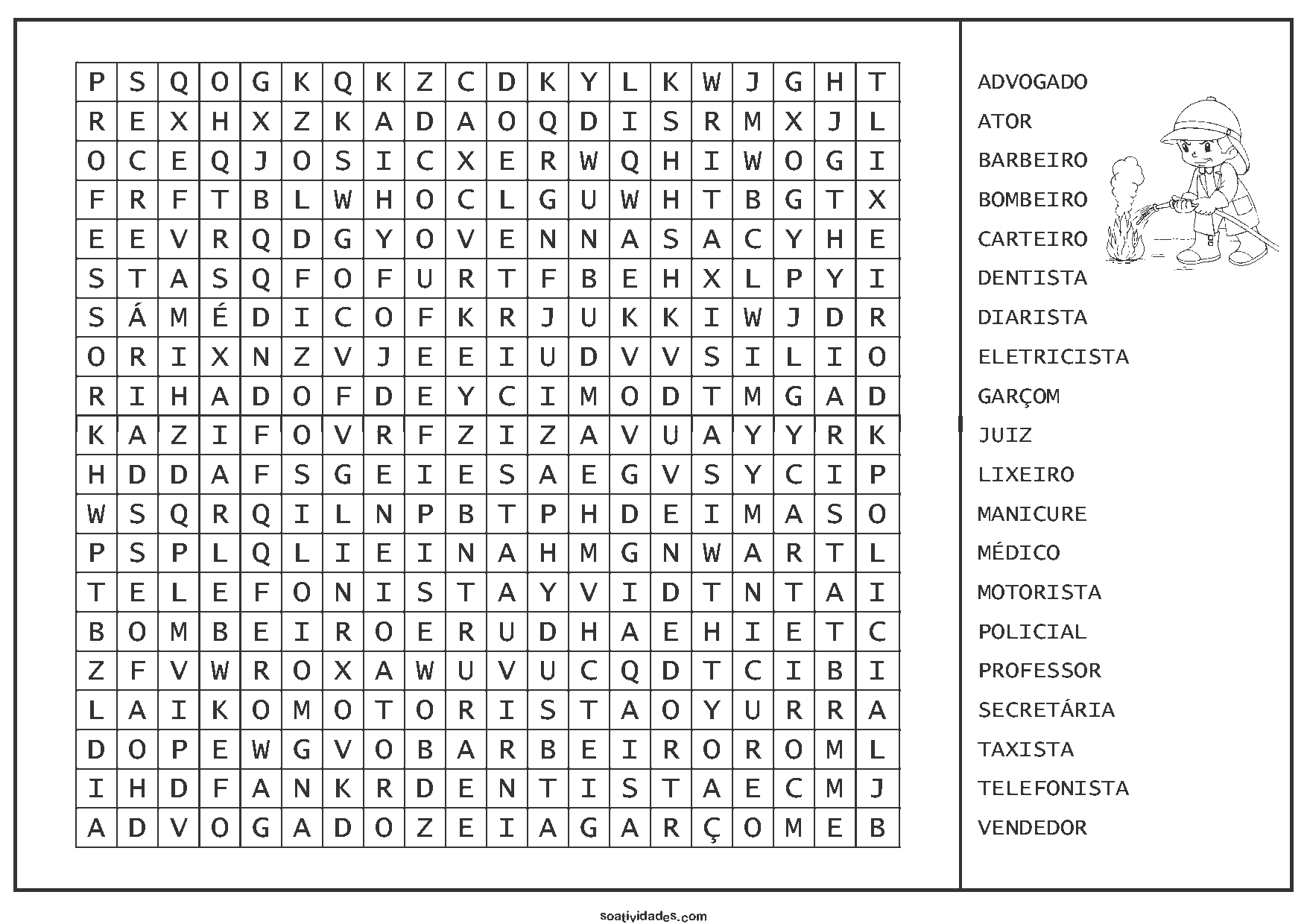 Caça Palavras para Imprimir com Profissões Diversas