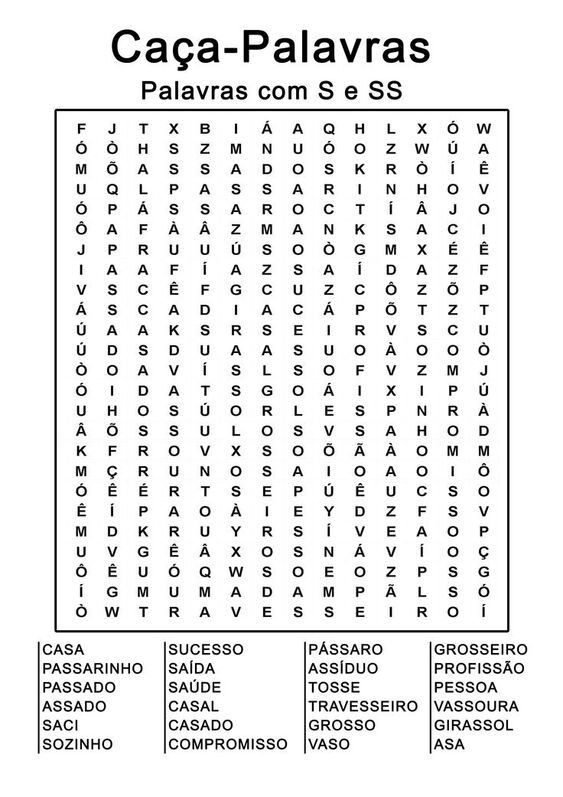 Caça Palavras para Imprimir com 'S' e 'SS'