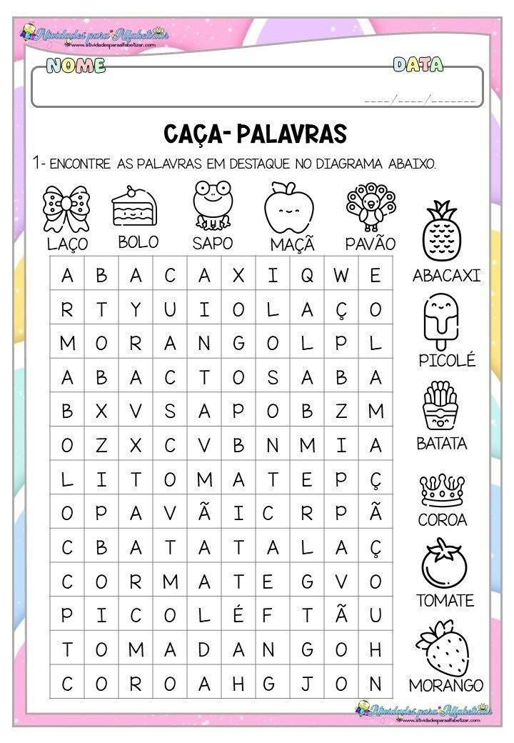 Caça Palavras para imprimir divertido para crianças