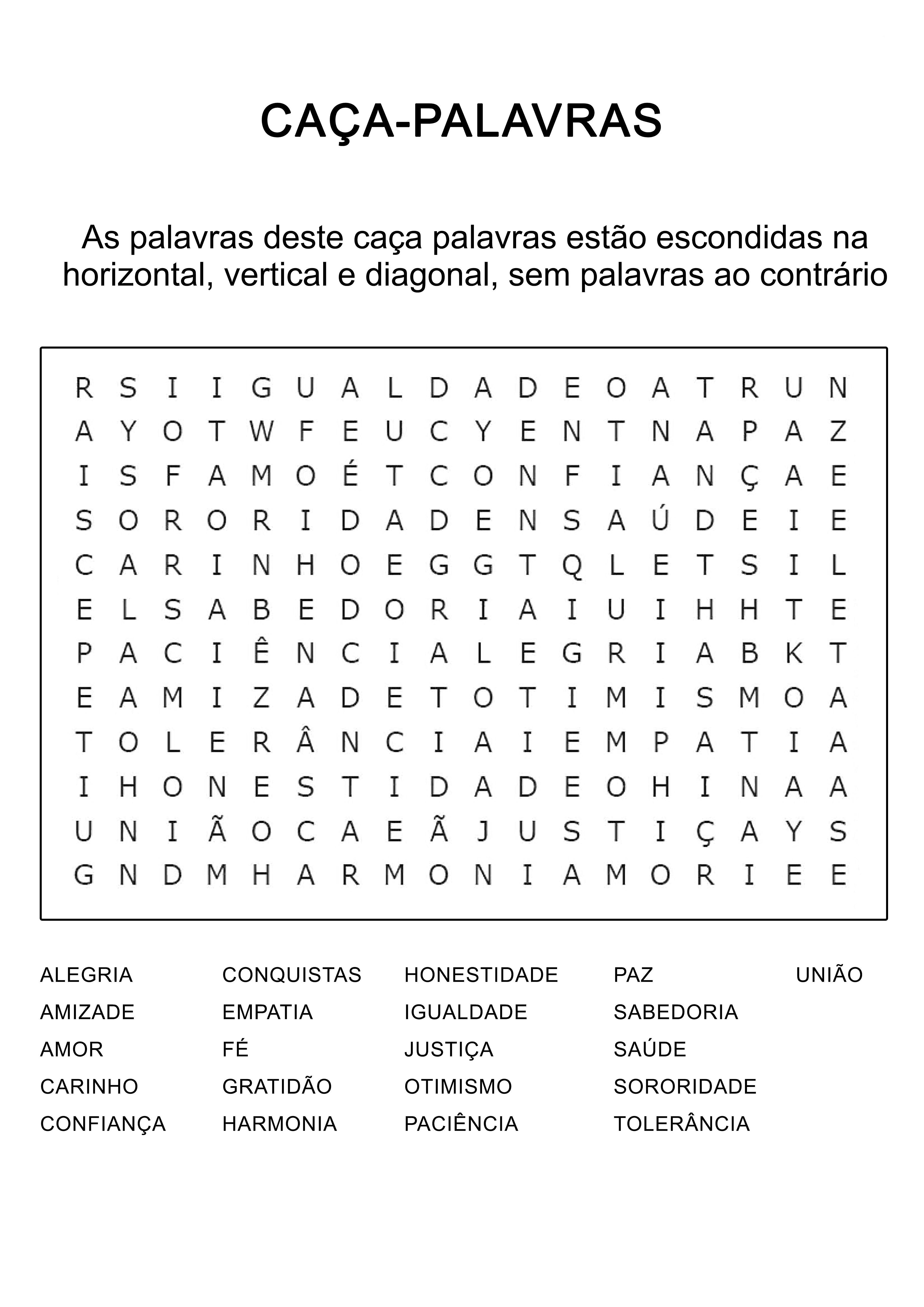 Caça Palavras Sentimentos e Valores para Imprimir