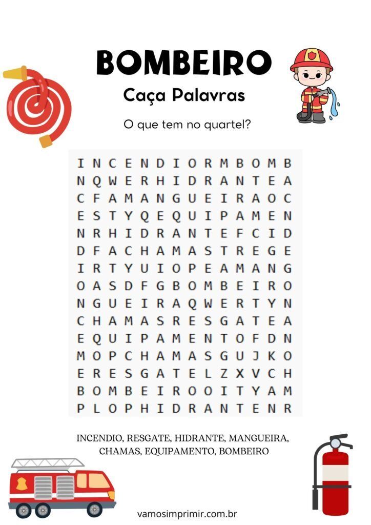 Caça Palavras sobre Bombeiros para Imprimir e Divertir