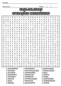 Caça Palavras sobre Operações Matemáticas para imprimir
